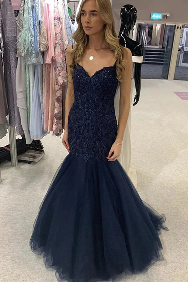Wholesale Dark Navy Mermaid Spaghetti Straps Lace Tulle Prom Dresses